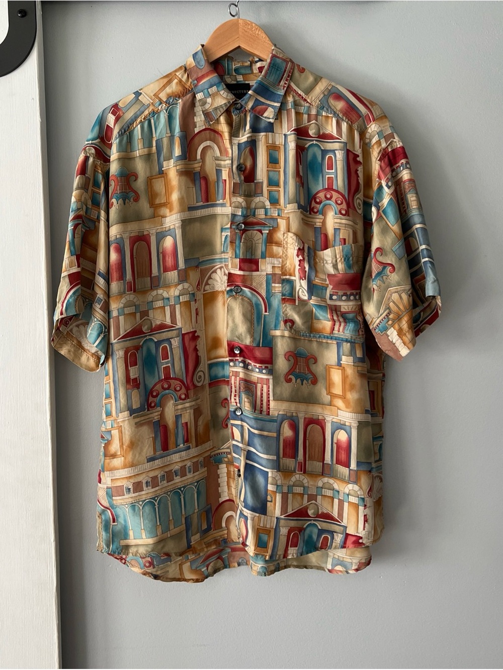 VTG 90s Structure 100% Silk Button Up SS Shirt Men’s Medium Architecture Novelty